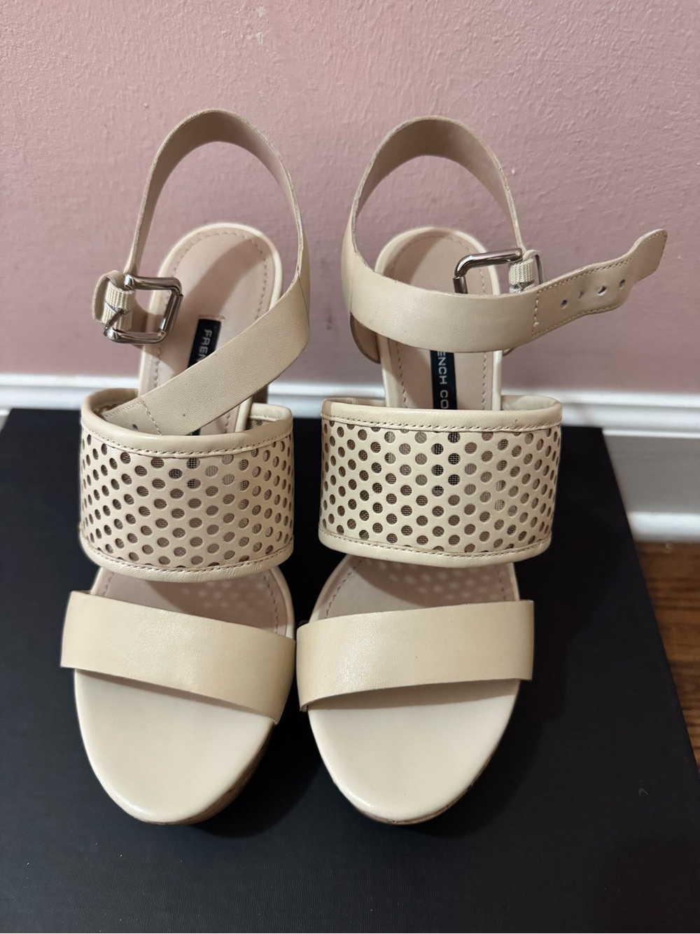 French Connection Cream Perforated Wedge Sandals